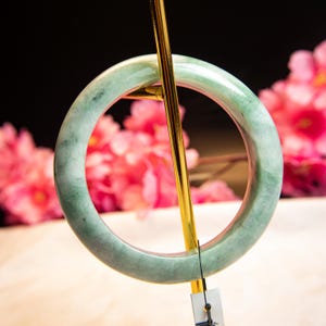 56mm Authentic Grade A Burmese Jadeite Bangle – Translucent Light Green “Moss-in-Snow” Jade Bracelet | Amulet for Prosperity & Good Fortune
