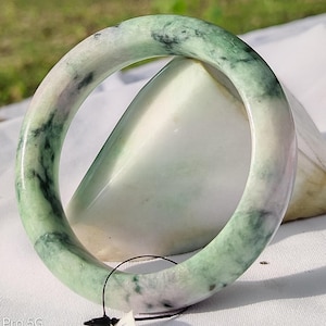 62mm Lavender Authentic Grade A Burmese Jadeite Jade Bracelet Bangle “Moss-in-Snow” Translucent Gradient Green Jade Bracelet Prosperity Luck