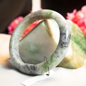 57mm Natural Grade A Burmese Jadeite Jade Bangle – Translucent “Moss-in-Snow” in Ice Green, Light Green & Soft Grey, Luxury Amulet Bracelet