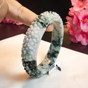 66mm Natural Grade A Burmese Jadeite Jade Bangle Bracelet–White, Dark Light Green Hues, Translucent–Hand-Carved Jasmine Flower Motif Jewelry
