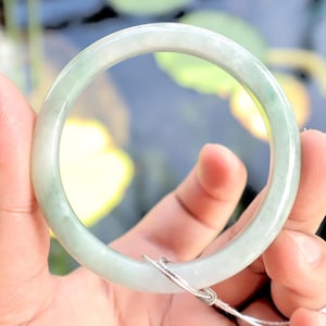 57mm Natural Translucent Ice Green Burmese Jadeite Bangle – Grade A “Moss-in-Snow” Pattern | Luck & Prosperity Amulet Bracelet Jade Gemstone