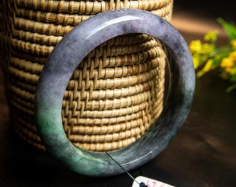 62MM Natural Grade A Burmese Jadeite Jade Bangle Bracelet – Lavender, Gray & Green with Natural Veins | Unique Amulet, Elegant Lucky Charm