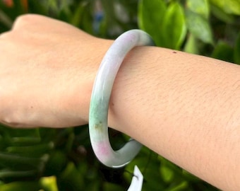 58mm Natural Grade A Burmese Jadeite Bangle – Translucent White, Forest Green “Moss-in-Snow” & Hints of Lavender | Amulet Luck, Protection
