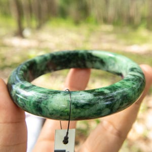 62mmAuthentic Grade A Burmese Jadeite Bangle–“Moss-in-Snow” Translucent Light, dark Green Amulet for Prosperity & Luck Jade Bracelet Myanmar