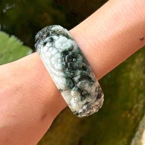 61mm Natural Burmese Jadeite Jade Bangle Bracelet–Grade A, Light Dark Green Accents, 28mm Thick, Hand-Carved Lucky Pikul Flower Amulet Stone