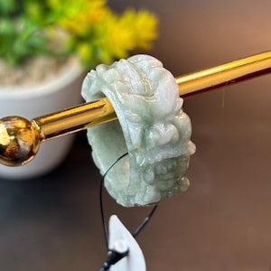 9US Natural Grade A, Jadeite White, Green - Dragon Jade Ring Hand-Carved For Men, Lucky Amulet Jewelry, Gemstone of Strength, Prosperity