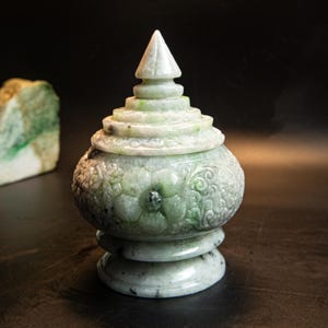 4&quot; Authentic Burmese Jade Jar Carved with Flower Pattern, Grade A– Ancient Chinese Handicraft, Green, Gray, White | Lucky Charm, Good Energy