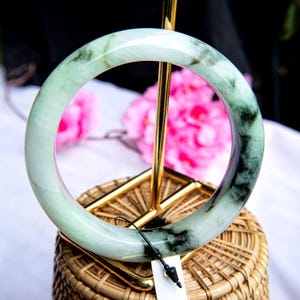 62mm Natural Grade A Burmese Jadeite Jade Bangle Bracelet–Translucent Light green with dark green stripes “Moss-in-Snow” Pattern Luck Amulet