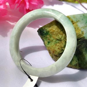 58mm Natural Grade A Burmese Jadeite Bangle – “Moss-in-Snow” Translucent Light Green Jade Bracelet Prosperity & Good Fortune | Jade Amulet