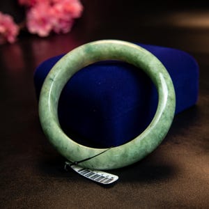 61MM Natural Grade A Burmese Jadeite Bangle–Translucent Apple Green “Moss in Snow” Bracelet for Prosperity, Good Fortune & Spiritual Harmony