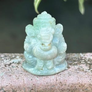 Small Natural Hand-Carved Burmese Jadeite Ganesha Pendant (28mm)–Green Jade Amulet Inscribed with the 108 Sacred Names of Lord Ganesha Stone