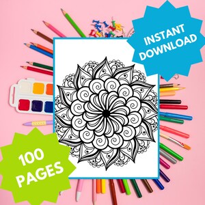 100 Mandala Coloring Pages Digital File Instant Download Printable Coloring Book for Adults and Kids Relaxation Art Therapy