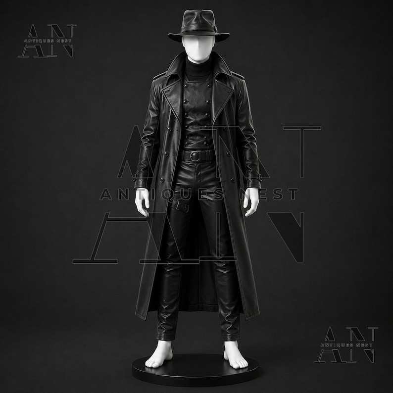 K&ouml;nnte beinhalten: Ein schwarzer Ledertrenchcoat &uuml;ber einer schwarzen zweireihigen Weste, einem schwarzen Rollkragenpullover und einer schwarzen Lederhose. Das Outfit umfasst einen schwarzen Fedora-Hut. Der Text ANTIQUES NEST ist im Hintergrund zu sehen.