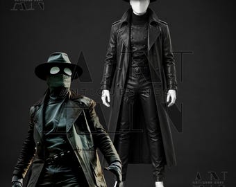 May include: Two black outfits displayed on mannequins, each featuring a long trench coat, a wide-brimmed fedora, and fitted trousers. One mannequin wears a face-covering mask with white circular goggles, while the other has a plain white head.