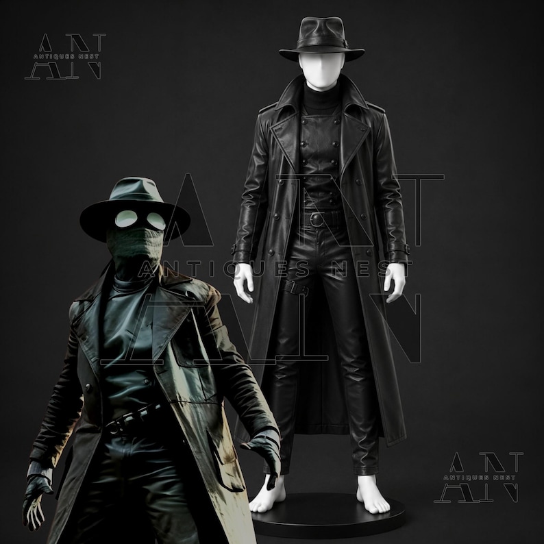 K&ouml;nnte beinhalten: Zwei schwarze Outfits auf Schaufensterpuppen, jeweils bestehend aus einem langen Trenchcoat, einem breitkrempigen Fedora-Hut und einer eng anliegenden Hose. Eine Puppe tr&auml;gt eine Gesichtsmaske mit wei&szlig;en, runden Schutzbrillengl&auml;sern.