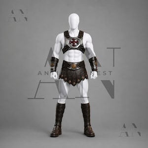 May include: A dark brown leather gladiator-style costume set featuring a chest harness with a central silver-toned plate and red cross emblem, a matching belt with a circular medallion, studded bracers, a tasset skirt, and tall boots.