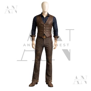 May include: A brown leather vest with a matching belt and pants. The vest has a button-up front and is worn over a dark blue collared shirt. The pants are flared and have a matching brown color.