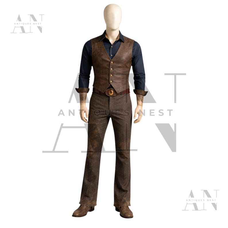 May include: A brown leather vest with a matching belt and pants. The vest has a button-up front and is worn over a dark blue collared shirt. The pants are flared and have a matching brown color.