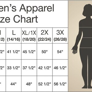 K&ouml;nnte beinhalten: Eine Gr&ouml;&szlig;entabelle mit dem Titel Women's Apparel Size Chart, die Gr&ouml;&szlig;en von S bis 3X mit Ma&szlig;en in Zoll f&uuml;r Brust, Taille und H&uuml;fte auflistet. Eine Silhouette zeigt die Positionen f&uuml;r Brust, Taille und H&uuml;fte zur Orientierung an.