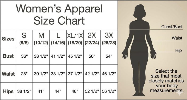 K&ouml;nnte beinhalten: Eine Gr&ouml;&szlig;entabelle mit dem Titel Women's Apparel Size Chart, die Gr&ouml;&szlig;en von S bis 3X mit Ma&szlig;en in Zoll f&uuml;r Brust, Taille und H&uuml;fte auflistet. Eine Silhouette zeigt die Positionen f&uuml;r Brust, Taille und H&uuml;fte zur Orientierung an.
