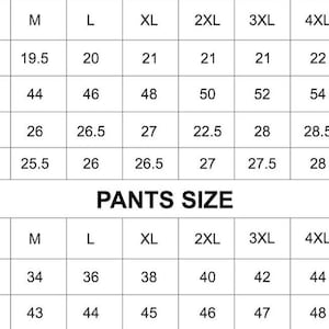 May include: A size chart for clothing, displaying measurements for shoulders, chest, length, and sleeve, along with pants waist and length. Sizes range from S to 6XL. Measurements are in inches.