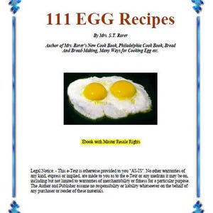 Könnte beinhalten: Ein Buchcover mit dem Titel "111 EGG Recipes" von Mrs. S.T. Rorer. Das Cover zeigt ein Foto von zwei Spiegeleiern in einer weißen Pfanne.