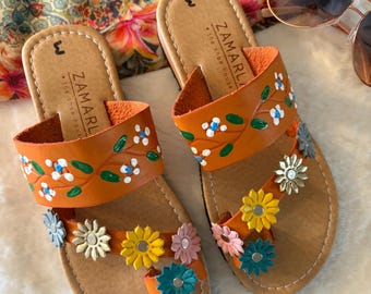 Handmade Leather Floral Sandals: Boho Summer Slip-Ons