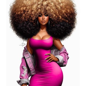 May include: Illustration of a person with voluminous, multi-toned curly hair. They wear a bright pink, form-fitting dress and a distressed pink denim jacket. Large silver hoop earrings complete the look. The image is set against a white background.