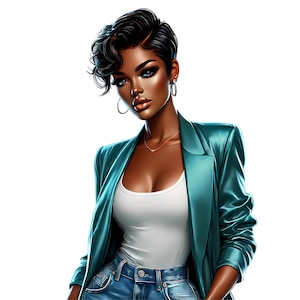 May include: A woman with short, dark hair is wearing a teal blazer over a white tank top and blue jeans. She is wearing hoop earrings and a necklace.