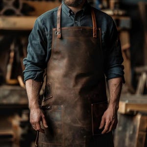 May include: A brown leather apron with two front pockets and adjustable straps. The apron has a distressed finish and is worn over a dark blue denim shirt. The straps are a lighter brown color and are attached with rivets. The apron is designed for workshop use.