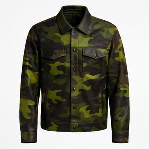 Handmade Camo Leather Military Jacket: Water-Repellent Satin Lined