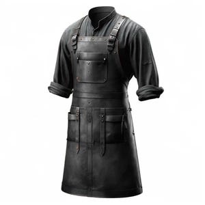 May include: A black leather apron with multiple pockets and adjustable straps. The apron is worn over a dark gray long-sleeved shirt with rolled-up sleeves. The apron has rivets and a utilitarian design, suitable for a workshop or studio.