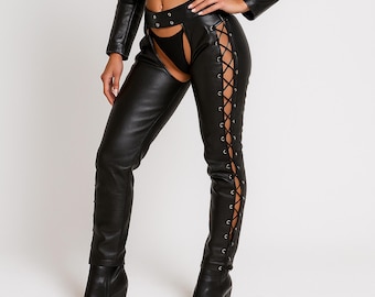 Women's Black Leather Motorcycle Chaps - Adjustable Side Lace-Up, Lined