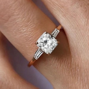 2ct Radiant Cut Moissanite Engagement Ring: Tapered Baguette Accents