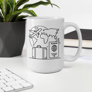 World Traveler Mug – Travel Icons Coffee Mug – Minimalist Travel Gift – Ceramic Mug (11oz, 15oz, 20oz)