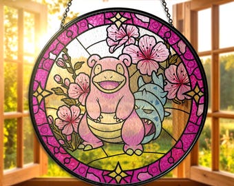 Slowbro Stained Glass Suncatcher Slowbro Window Hanging Decor  Cute Pink Slowbro Floral Suncatcher Gift for Slowbro Lover Slowbro Suncatcher