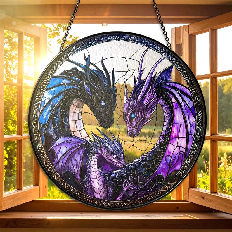 Fantasy Dragon Stained Glass Window Hanging – Purple & Blue Dragon ...