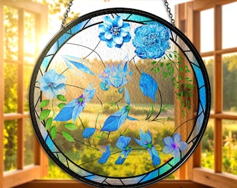 Atrapasueños de vitrales Leafeon, decoración de ventana con flora azul, temática de naturaleza, regalo de Eeveelution, atrapasol de anime, decoración Leafeon, regalo de vitrales