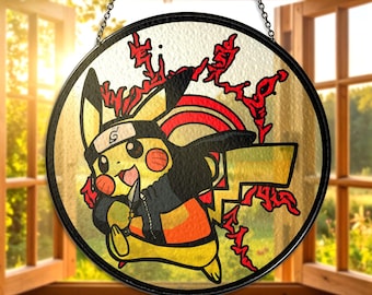 Atrapasol de vitrales de Pikachu Ninja, colgante de ventana de Pikachu Anime, atrapasol inspirado en Pikachu, decoración de ventana para habitación de gamer de Pikachu