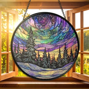 Aurora Borealis Glass Suncatcher Hanging Forest Aurora Suncatcher Handcrafted Northern Lights Decor Glass for Nature Lover Halloween Gift