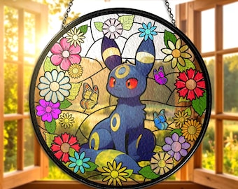 Umbreon Stained Glass Suncatcher Umbreon Window Hanging Floral Gothic Glass Art for Fans and Collectors Umbreon Lover Umbreon Gifts Decor