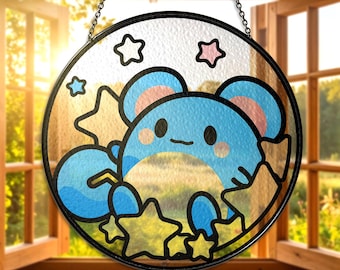 Lindo atrapasol de vitral de Marill, decoración colgante para ventana de Marill, regalo atrapasol de Marill para fans de Marill, caprichoso regalo navideño de ratón azul