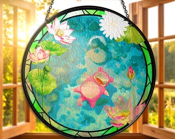 Cute Slowpoke Stained Glass Suncatcher Slowpoke Window Hanging with Floral Pond Art Anime Gift for Fans Slowpoke Lover Slowpoke Suncatcher