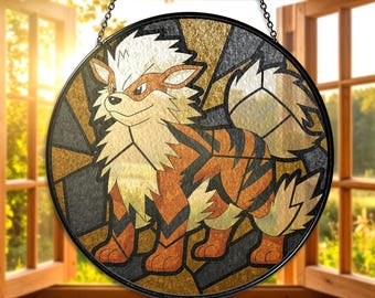 Arcanine gebrandschilderd glas Suncatcher legendarische vuur Arcanine venster hangende Suncatcher Arcanine fan cadeau majestueus vuur type decor Arcanine cadeau