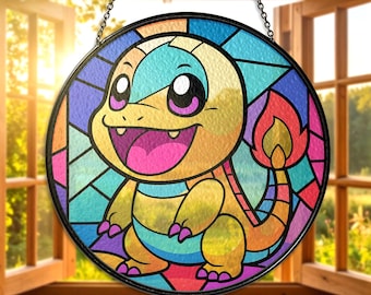 Charmander solfångare i målat glas, söt Charmander fönsterdekoration, Charmander glas, färgglad Charmander solfångare present juldekoration