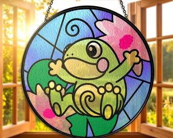 Lindo atrapasol de vitral de Politoed, diseño de rana Politoed para colgar en la ventana. Atrapasol colorido de Politoed, ideal como regalo para fanáticos y coleccionistas de Politoed. Regalo de Navidad.