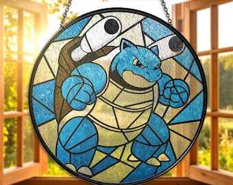 Blastoise Glasmalerei Suncatcher Wassertyp Blastoise Fensterdekor Gamer Geschenk Blaue Schildkröte Glaskunst Anime Wohnkultur Blastoise Liebhaberdekor