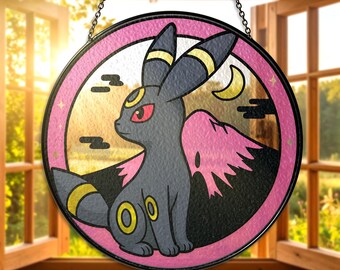 Umbreon Stained Glass Suncatcher Umbreon Window Hanging Umbreon Pink Moon for Fans and Collectors Umbreon Lover Umbreon Gifts Decor