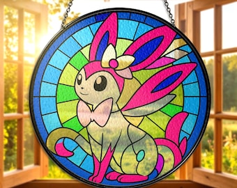Sylveon Stained Glass Suncatcher, Cute Sylveon  Fairy Type Window Hanging Decor, Sylveon Anime Suncatcher Gift, Sylveon Lovers, Xmas Gifts