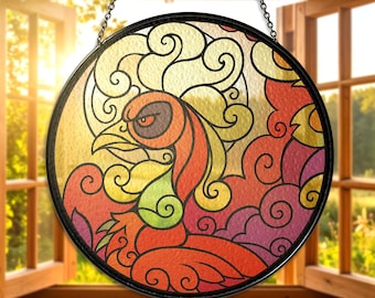 Ho-Oh Stained Glass Suncatcher – Legendary Fire Bird Window Hanging – Ho-Oh Suncatcher Art for Anime & Game Fans – Ho-Oh Glass Home Decor